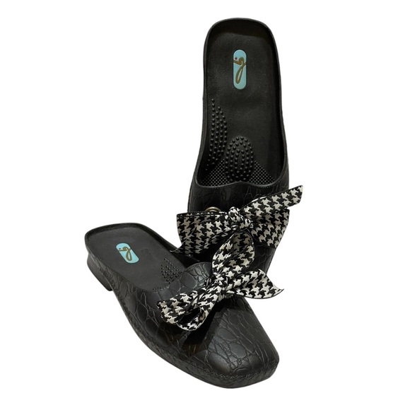 OKABASHI BLACK SLIDE SANDALS WITH CHECKERED BOW SZ ML - Picture 1 of 10